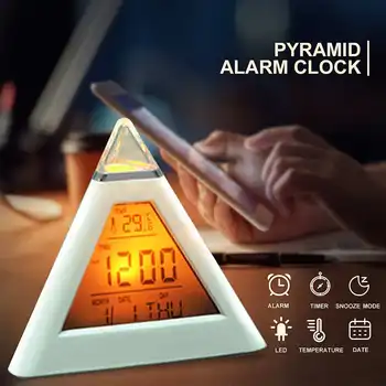 1buc 7 Culori Colorate Piramida LCD Ceas cu Alarmă Lumina de Noapte Termometru Ceas de Perete Digital Schimbătoare Led Ceas Decor Acasă