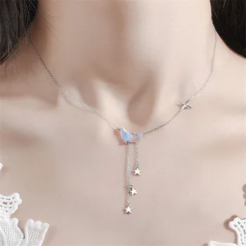 Argint 925 Ciucure de Cristal Luna Charm Pandantiv Cravată Colier Pentru Fete Femei Declarație de Nunta Bijuterii dz847