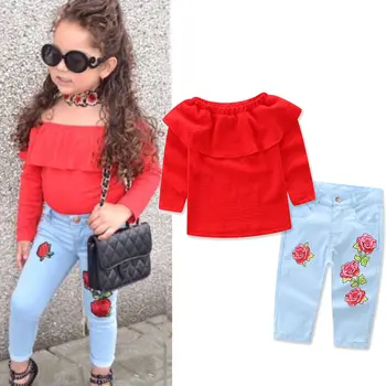 2019 New sosire Fierbinte Florale Copii Baby Girl Toamna Toamna cu Maneci Lungi T-Shirt, Bluze Bluza+Blugi Denim Pantaloni Haine Haine Set
