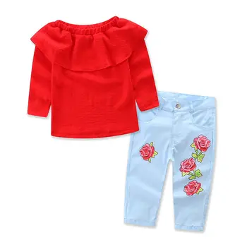 2019 New sosire Fierbinte Florale Copii Baby Girl Toamna Toamna cu Maneci Lungi T-Shirt, Bluze Bluza+Blugi Denim Pantaloni Haine Haine Set