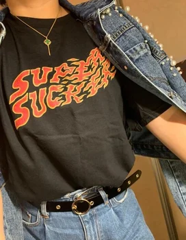 Kuakuayu HJN Negru Flacără de Foc Unisex Super Fraier T-Shirt Hipsters Strada Stil Grunge Tricou Negru Casual Mâneci Scurte Swag Camasa