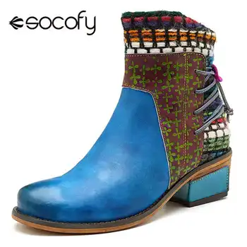 Socofy Retro Mozaic Fermiera Glezna Cizme Pentru Femei Pantofi Pentru Femeie Din Piele Despicare Cowboy Western Cizme Botine Femei Nou