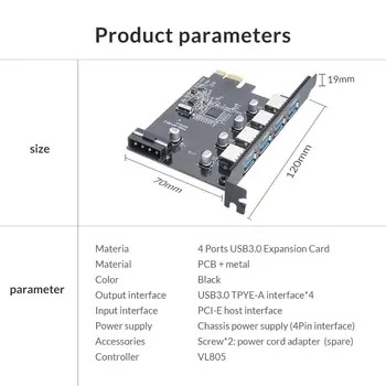 ORICO 4 Porturi USB3.0 PCI-Express Card/Host Controller Card 3.0 Adapter, USB 3.0 HUB cu 15Pin de Alimentare PCI-E Card Extender