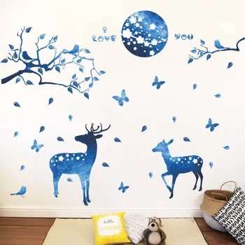 Albastru autocolant perete noapte cu Luna mici cerbi pictura Murala de Perete decal acasă decorare Diy Arta Poster