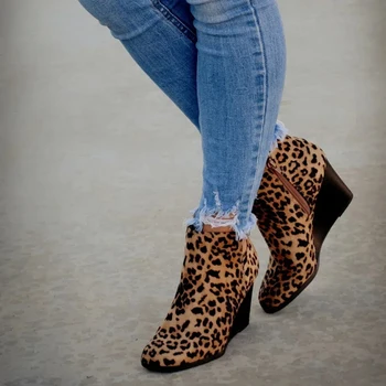 Ghete De Iarna Femei Leopard Glezna Cizme Dantela-Up Încălțăminte Platforma Tocuri Inalte Pantofi Pene Femeie Bota Feminina 12350