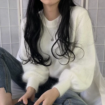 Dulce Felinar Sleeve T-shirt 2020 Nou Versiunea coreeană Uzură Liber Leneș Stil Pulover Pulover Alb pentru Femei Pentru Toamna Si Iarna