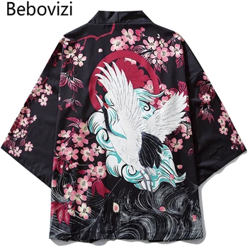 Bebovizi Japoneză Ukiyoe Cherry Blossom Macara Jachete Kimono Mens Harajuku Streetwear Japonia Stil Strat De Vara Hip Hop Halat Subțire