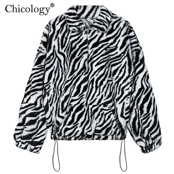 Chicology Blana de Zebra Print Zip Up Tricou Supradimensionat Liber Kpop Sus 2020 Maneca Lunga de Toamna Iarna Haine Kawaii Y2K Streetwear