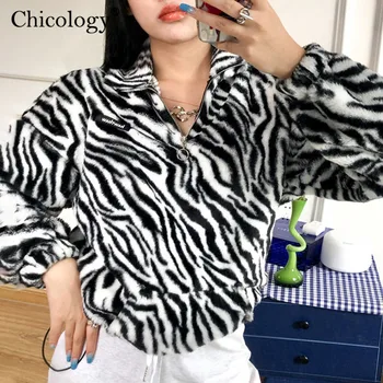 Chicology Blana de Zebra Print Zip Up Tricou Supradimensionat Liber Kpop Sus 2020 Maneca Lunga de Toamna Iarna Haine Kawaii Y2K Streetwear