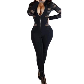 Negru Sexy Bodycon Salopeta Romper Maneca Lunga Body Femei Cu Fermoar V Gât Salopeta Eleganta De Lungime Completă Poliester 2020
