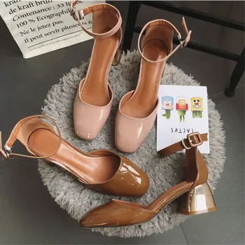 EOEODOIT Primavara-Vara Pompe de Piele Pantofi de Piele Strălucitoare, Deget de la picior Pătrat de Moda Med Pătrat Tocuri Indesata Sandale Office Lady Pantofi