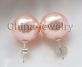 Frumoasă Minunat de Nunta Femei Frumoase 14mm perfect rotund roz sea shell pearl cercel - 925 bijuterii 12757