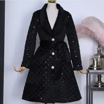 2020 moda de iarnă rever maneca lunga munci grele de foraj paiete bumbac căptușit jacheta femei matlasat, gros de talie mare haina de catifea