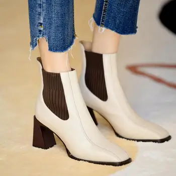 De înaltă Calitate din Piele Cizme de Moda pentru Femei Deget de la picior Pătrat Doamnelor Glezna Cizme pentru Femei cu Toc Patrat 2020 Primăvară Pantofi de Toamnă