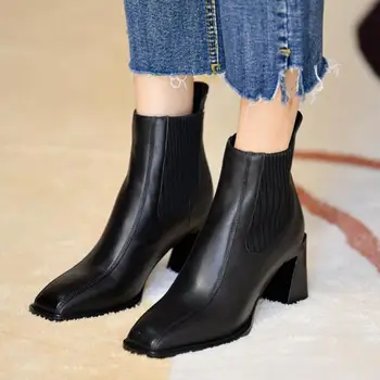 De înaltă Calitate din Piele Cizme de Moda pentru Femei Deget de la picior Pătrat Doamnelor Glezna Cizme pentru Femei cu Toc Patrat 2020 Primăvară Pantofi de Toamnă