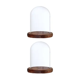 2 buc 9x12cm Clar Cupolă de Sticlă cu Baza din Lemn pentru Casa Petrecerea de Nunta Centrala Display Stand DIY Decor Maro