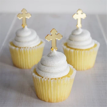 6 * Personalizate Sfânta Cruce De Aur Oglindă Acrilică Decoratiuni Cupcake & Ponturi Pentru Botez & Botez Copil De Dus Petrecere De Nunta