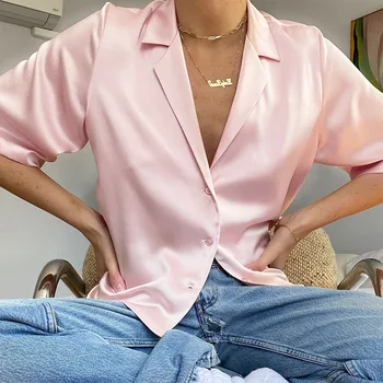 Femei Rândul său, în Jos Guler Pata de Mătase Maneca Scurta Bluza tricou Elegant V Gât Butonul Office Tricou Top pentru Doamna Fata
