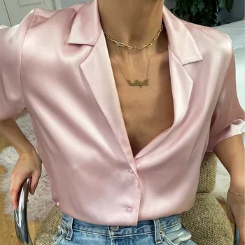 Femei Rândul său, în Jos Guler Pata de Mătase Maneca Scurta Bluza tricou Elegant V Gât Butonul Office Tricou Top pentru Doamna Fata