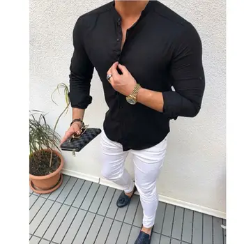 2019 Hot de Moda pentru Bărbați Lenjerie de pat din Bumbac Butonul Maneca Lunga Slim Fitness Camasa Slim Fit Casual sex Masculin Tricouri Culoare Pură Bluza Topuri 13064