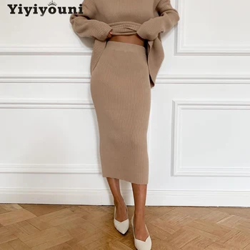 Yiyiyouni Toamna Iarna Cașmir Tricotate pentru Femei Costum Fusta si Top, 2 Seturi de Piese Femeile Solidă Pulover Pulovere Femei