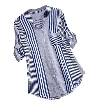 Femei Topuri Si Bluze 2020 Plus Dimensiune Trei Sferturi Cu Dungi Bluza Print V-Neck Loose Fit Top Bluza Ropa Mujer Moda