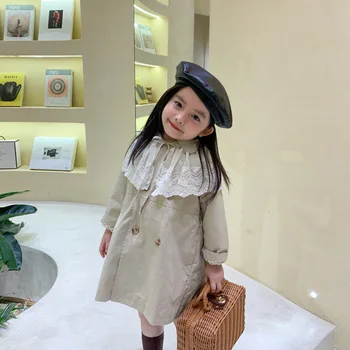 Toamna New Sosire stil coreean bumbac toate-meci lung protecție împotriva vântului maneca lunga haina cu guler de dantelă de moda drăguț fete pentru copii