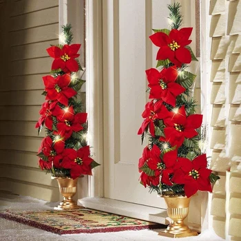 2 buc de Crăciun Artificial Poinsettia Ghirlanda cu Holly Frunze și fructe de Padure pentru Petrecerea de Craciun Ușa din Față Coroană de flori Decor