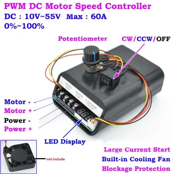 DC 10-55V 12/24/48V 60A PWM Motor Speed Controller CW CCW Reversibile Comutator cu LED