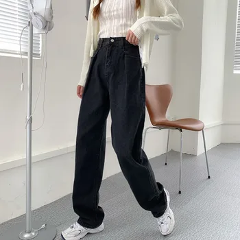 2021 Nou La Modă De Talie Mare Pentru Femei Blugi Negri Supradimensionate, Pantaloni Drepte Femei Toamna Largă Picioare Pantaloni Din Denim Pentru Femei