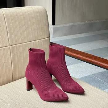 SLHJC 2020 Primavara Toamna Șosete Cizme a Subliniat Toe Tesatura Tricot Pompe de Toc Pantofi de 7 cm Vițel Papuceii