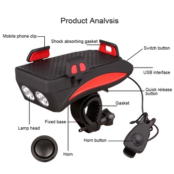 Multi-funcțional Față de Biciclete Lampa USB cu Bicicleta Lumina Built-in de 2000 mAh /Baterie de 4000 mAh cu Suport de Telefon+Bike Horn Funcție