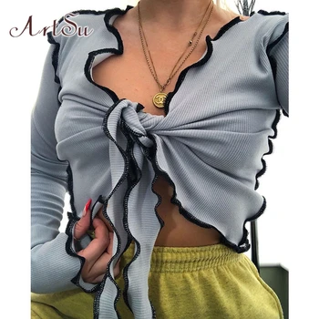 ArtSu Maneca Lunga Sexy V Gât Topuri pentru Femei T-shirt Wrap Top Culturilor de Toamnă Volane Dantela-Up Tee Cămașă Femme Roșu Streetwear TS52349