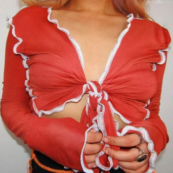 ArtSu Maneca Lunga Sexy V Gât Topuri pentru Femei T-shirt Wrap Top Culturilor de Toamnă Volane Dantela-Up Tee Cămașă Femme Roșu Streetwear TS52349