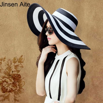 Noua Moda de Vara pentru Femei Pălărie de Soare Fata Negru Clasic și Alb cu Dungi Vintage Largă de Paie Mare Refuz Plaja Hat Visor Capac JS368