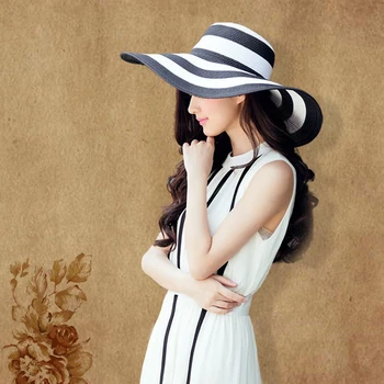 Noua Moda de Vara pentru Femei Pălărie de Soare Fata Negru Clasic și Alb cu Dungi Vintage Largă de Paie Mare Refuz Plaja Hat Visor Capac JS368