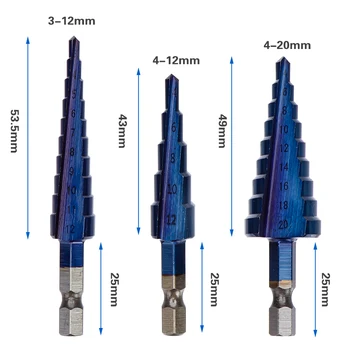 3pcs HSS Pas burghie 3-12mm 4-12mm 4-20mm Nano Albastru Acoperite Set burghie Metal Foraj pentru prelucrarea Lemnului Scule electrice
