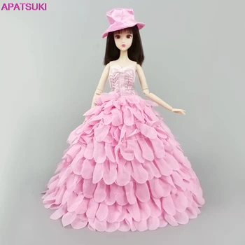 Pink Multi-strat Nunta Rochie Pentru Papusa Barbie Costume de Haine de Printesa Petrecere Rochie Lungă de Mireasă Rochii de Pălărie Accesorii 1/6