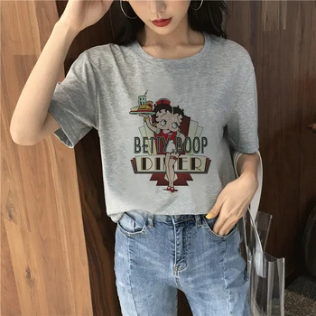 Moda 2020 Femei T-shirt Casual de Vara Harajuku Betty BOOP Tricou Vintage Estetice de Imprimare Topuri Gri Vogue Femei Tricouri