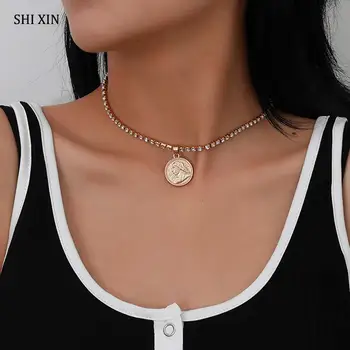 SHIXIN Strălucitoare Stras Scurt Cravată Colier pentru Femei Cristal Lanțuri Cu Moneda Pandantiv Coliere la Gât Bijuterii de Moda Colar