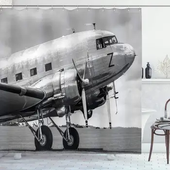 Vintage Avion Perdea de Duș Avion Vechi Pilotaj Antic Motor Elice Aripi și Nostalgie Imagine Pânză Decor Baie