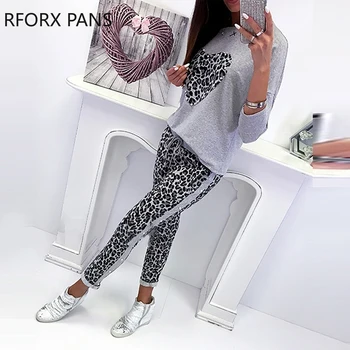 Femei cu Maneci lungi Leopard Print Design de Inima cu Margele de Sus și Pantaloni Set de Două Piese Set Top si Pantaloni