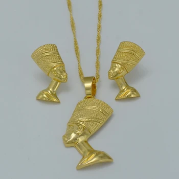 Culoare de aur Reginei Egiptene Nefertiti Figura Pandantiv Colier Cercei pentru Femei Fete Bijuterii Seturi #J0920 14260