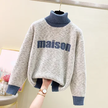 [ARQ] Primăvara și Toamna 2021 noi roling căptușit pulover vrac scrisoare pulover versatil tricotaje 14334