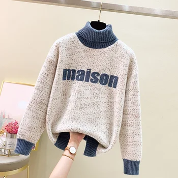 [ARQ] Primăvara și Toamna 2021 noi roling căptușit pulover vrac scrisoare pulover versatil tricotaje