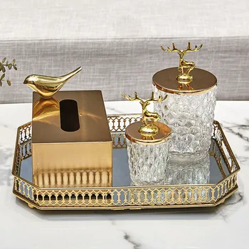 Cutie de tesut & Rezervor de Stocare Set Cu Tava de Metal si Material de Sticlă de Pasăre sau de Cerb de Decorare Camera de zi de Decorare Set de Aur a Terminat