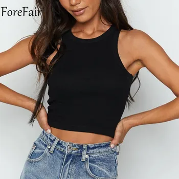 Forefair O Gâtului Vară 2020 Femei Albe Casual Crop Top Sexy Streetwear Tricou De Bază Fără Mâneci Căpăstru Negru Ribber Rezervor De Top