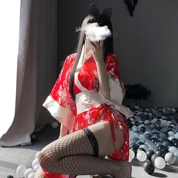 Lenjerie Sexy Kimono Japonez Cosplay Costum Stil Tradițional, Halat De Tentația De Costume, Pijamale De Mătase Moale Set Curea Pentru Femei