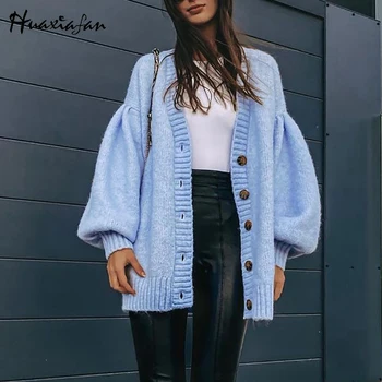 Huaxiafan Elegant Za 2020 Femei Haina Vintage Felinar Cu Mâneci Cutat Singur Brested Cardigan Femme