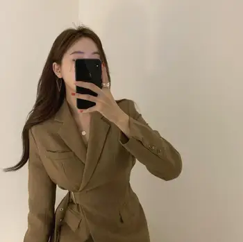 Coreeană Ol Stil Dantela-up cu Centură Femei Sacouri 2020 Toamna Epocă Crestate Guler Complet Maneca Doamnelor Moda Paltoane Sacouri
